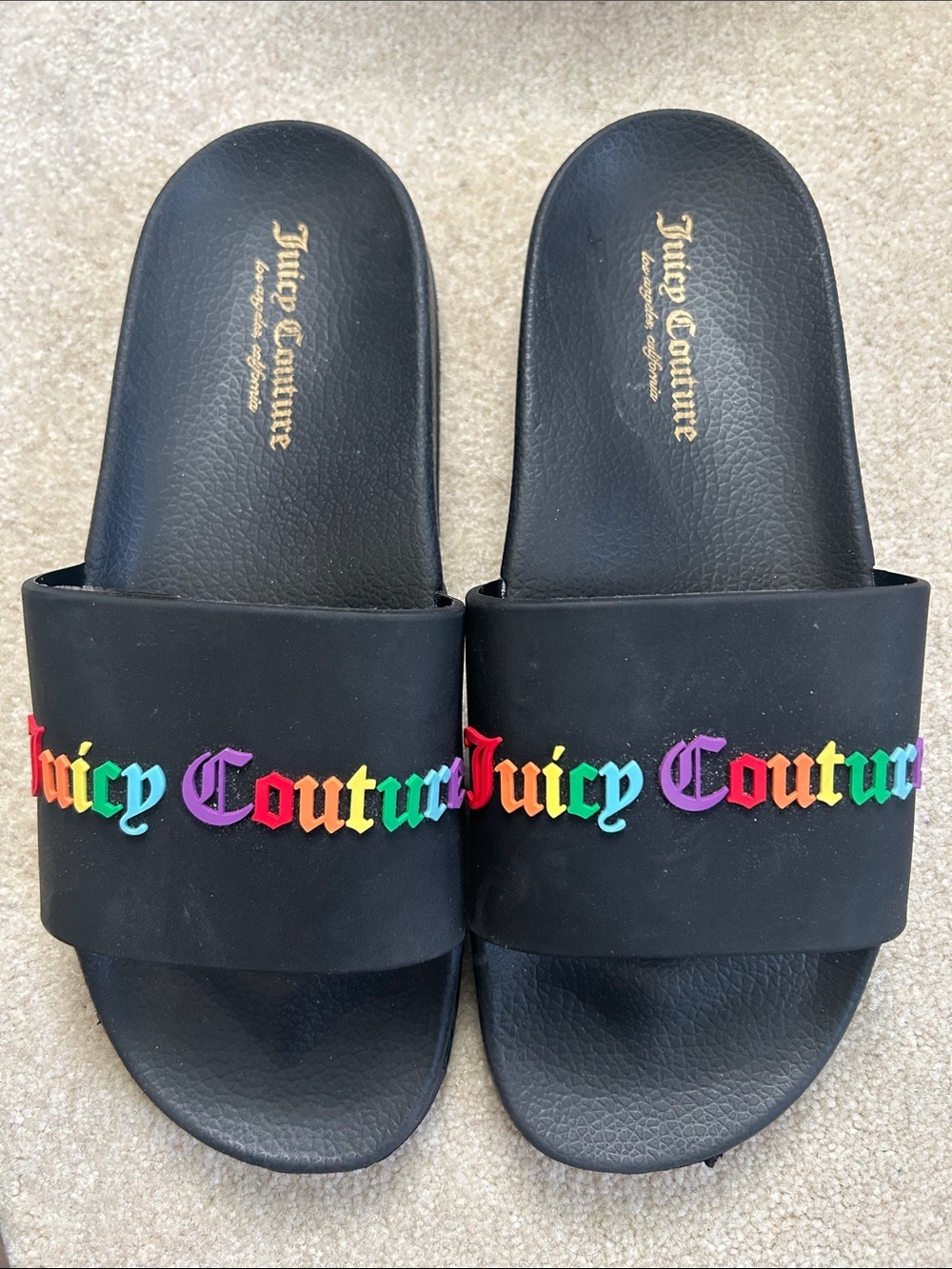Juicy Couture Black Slides with Rainbow Script Logo *NWOT